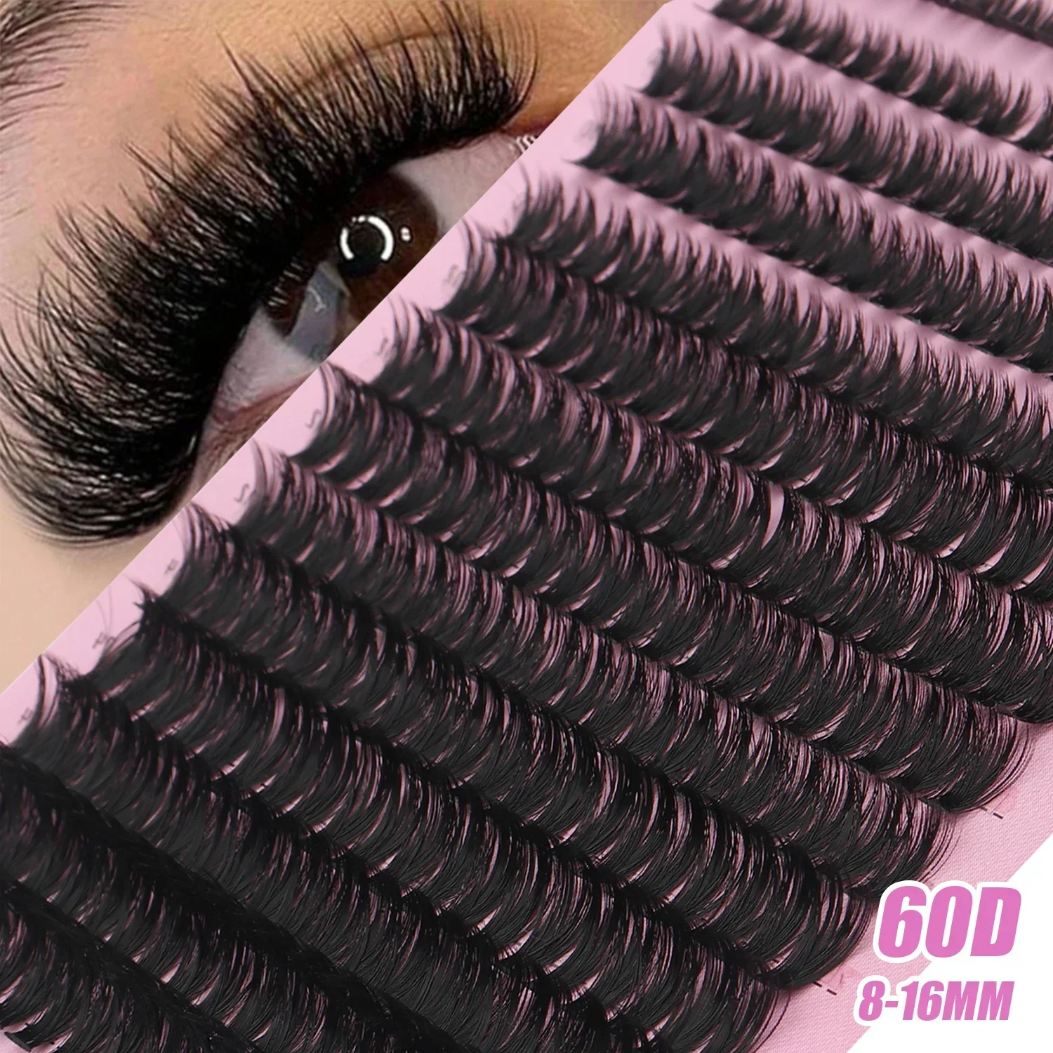 60D Multi-Row Faux Mink Individual Lashes 8-16mm Mixed Length Reusable DIY Cluster False Eyelashes for Home Makeup Large Pack