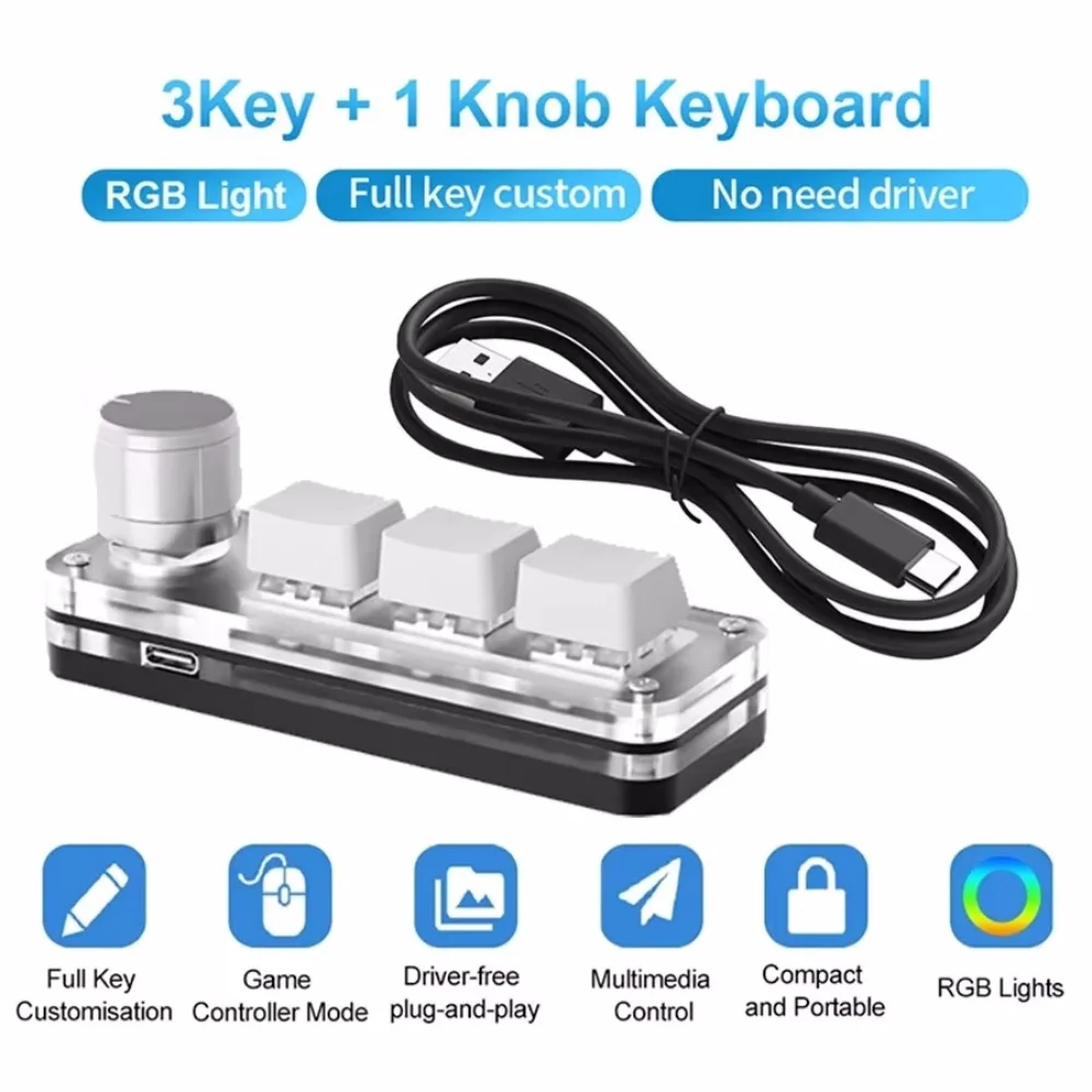 USB Mechanical Keyboard for Photoshop 3 Keys 1 Knob RGB Programming Macro Gaming Custom Programming Knob Keypads Mini Keyboard