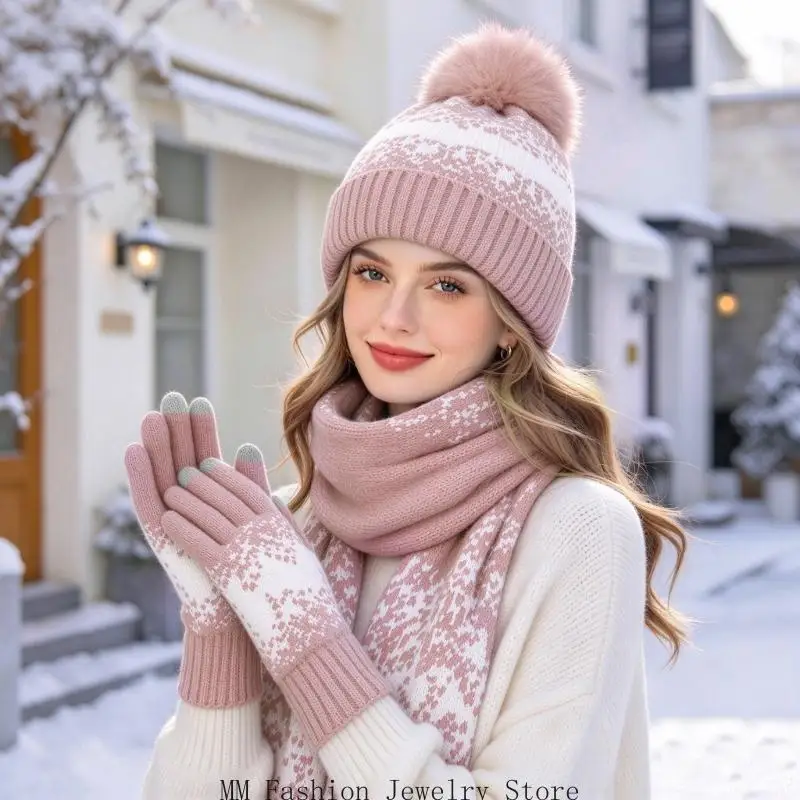Imitation Christmas warm scarf hat gloves three-piece set D0UB