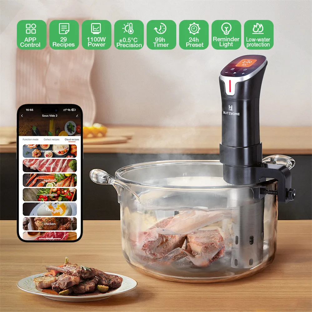 

BlitzHome SV2401C 1100W Умная су-вид-печь с цветным сенсорным экраном и управлением через приложение, термокулер для домашнего использования