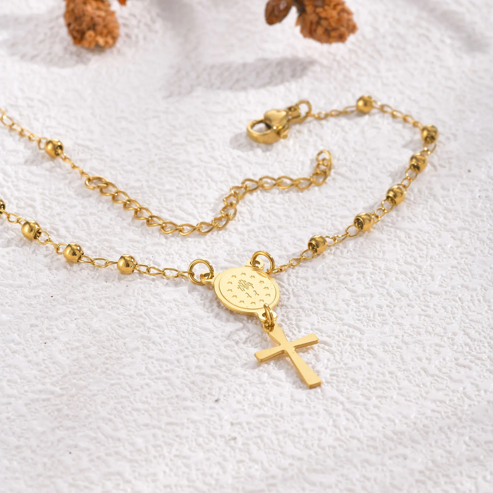 Rosary Stainless Steel Women Bracelet Girls Religious Cross And Virgin Mary Prayer Bracelet Mom Girlfriend Valentine\'s Day Gift