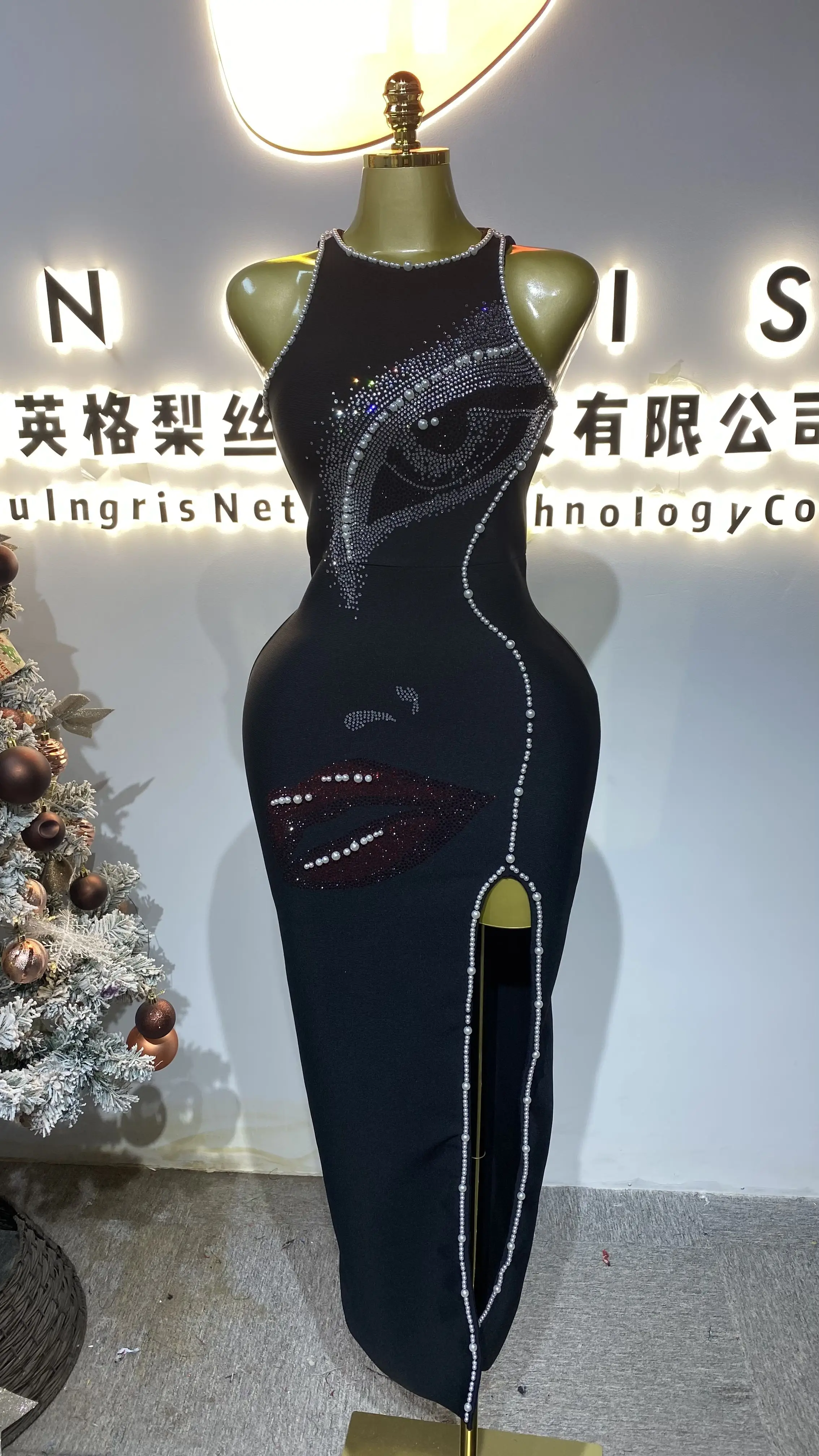 

2026 New Luxury Pearl Bandage Dress for Women, Sexy Slit Sleeveless Outfit, Celebrity Party Evening Gown-GZXX602
