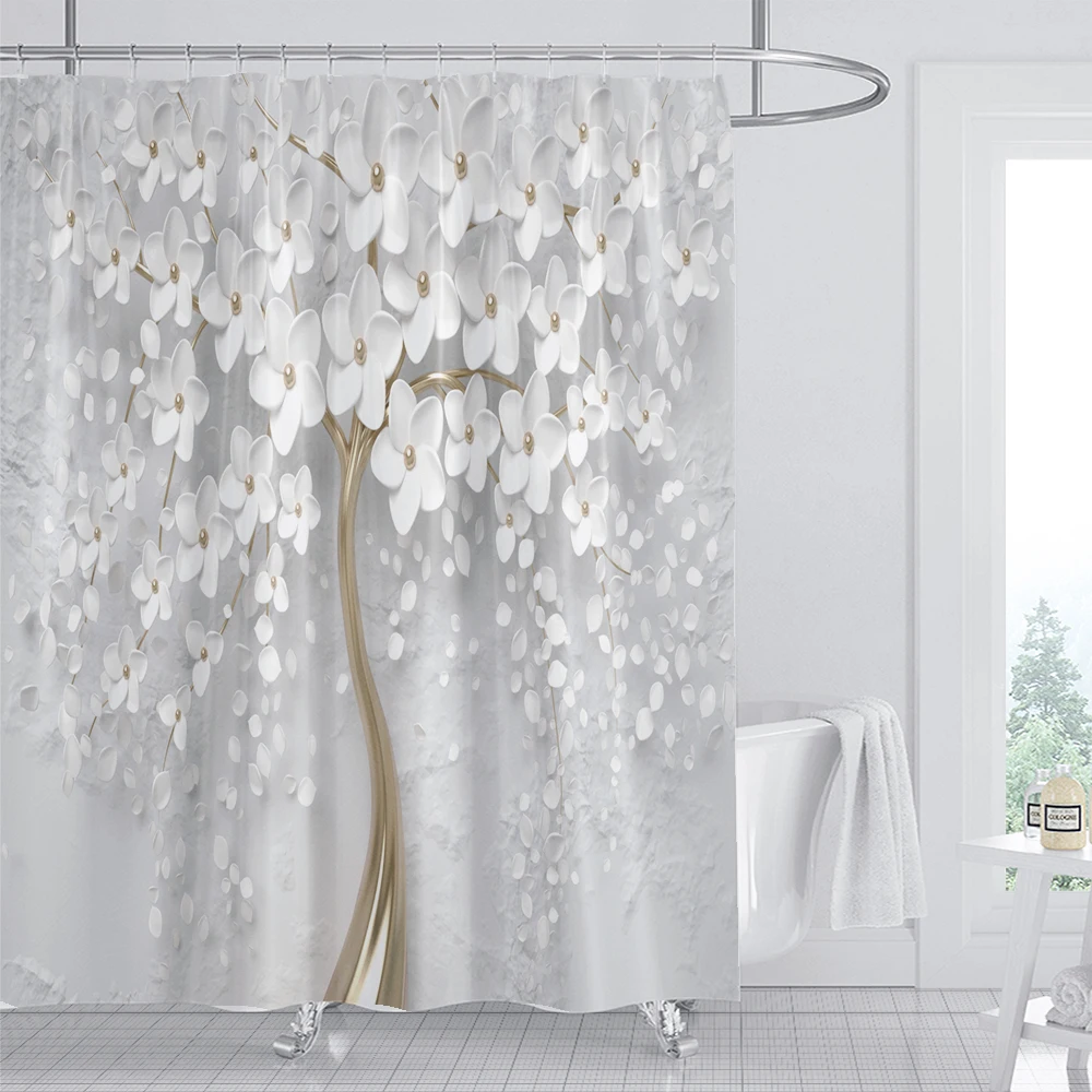 Nordic Minimalist Art White Flowers Print Shower Curtains Boho Floral Morden Bathroom Bathtub Curtain Room Decor With Hooks