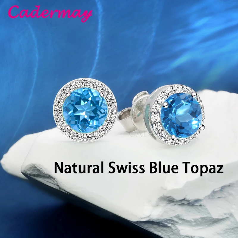 Cadermay Natural Swiss Blue Topaz Super Santa Maria Blue Sky Blue Topaz S925 Silver Earrings  For Women Fine Jewelry