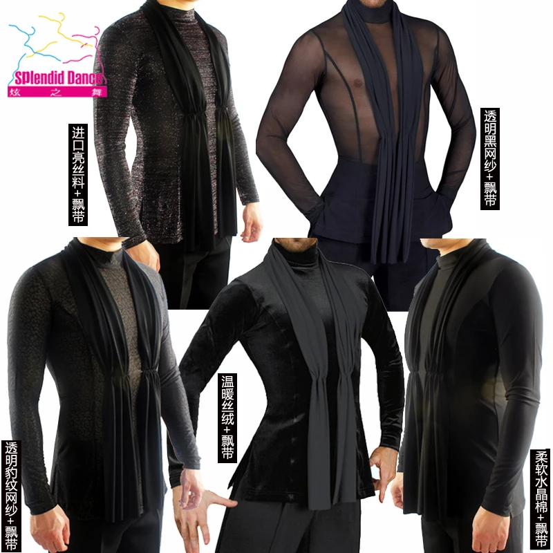 Customized Fantasia Latin Dance Tops Black Long Sleeve high quality stretch Shirt New Men Ballroom Competitive Shirts