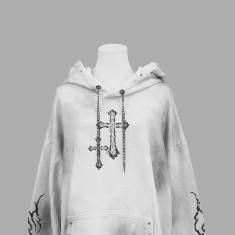 النمط الياباني Y2K ثقافة فرعية شيك بلوزات النساء القوطية الظلام الصليب طباعة الشارع فضفاض هوديس الخريف الشتاء ملابس كاجوال #5