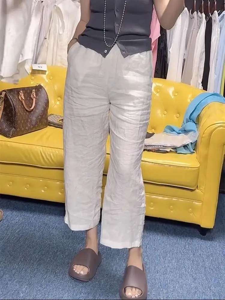 Letnie spodnie damskie 2025, luźne, z wysokim stanem, proste nogawki, z jedwabiu lodowego, bawełny i lnu, elastyczna talia, długość 7/8, casualowe...