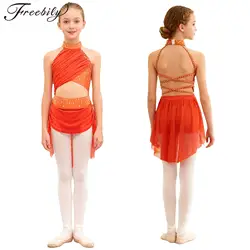 Kids Girls Figure Skating Modern Lyrical Dance Dress Ballet Gymnastics Acrobatics Costume Shiny Rhinestone Mesh Leotard Tutu
