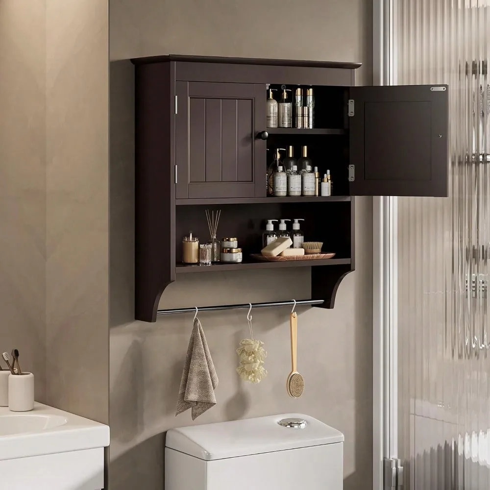 

Bathroom Wall Cabinet With Towels Bar, Wall Mounted Medicine Cabinet With 2 Door And Adjustable Shelves, Space Saver Over Toilet