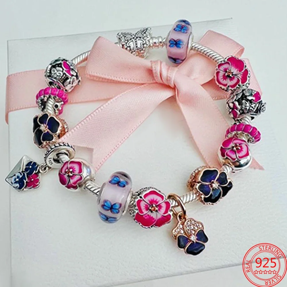 Baru 925 Sterling Silver ungu Murano Bead Pansy bunga menjuntai pesona cocok Asli Pandora kalung perhiasan hadiah Hari Ibu