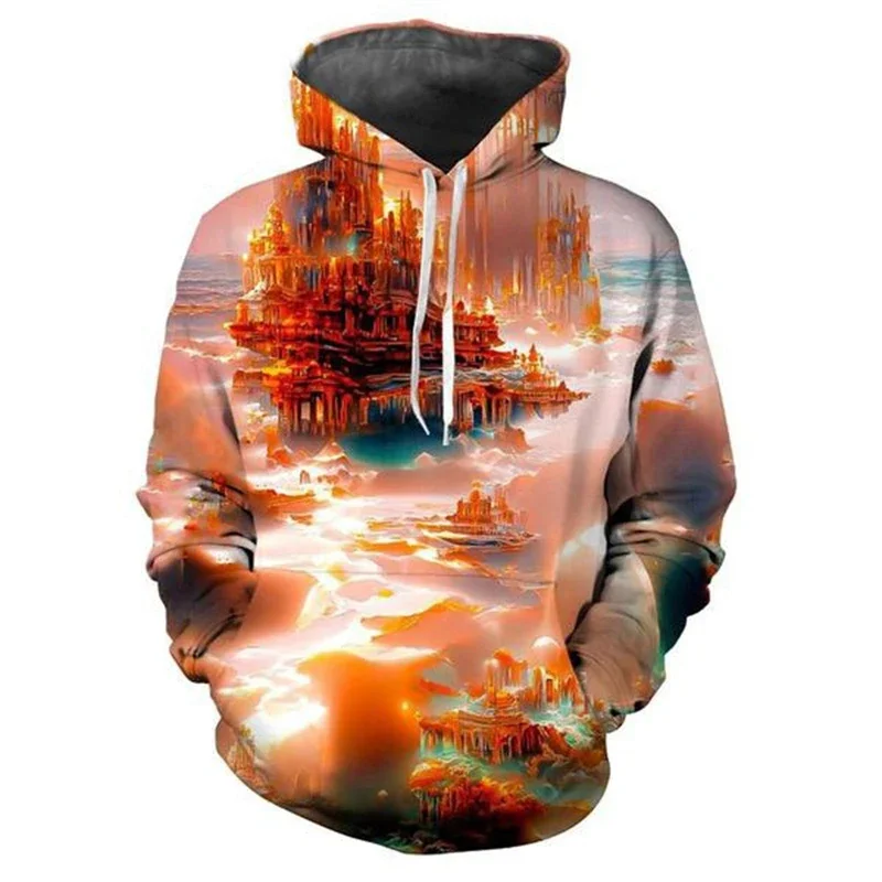 Men's Women's Fantasy Castle Graphic Hoodies 3D Print Beautiful Scenery Pattern Couple Hooded Clothes Autumn Fashion Casual Tops
