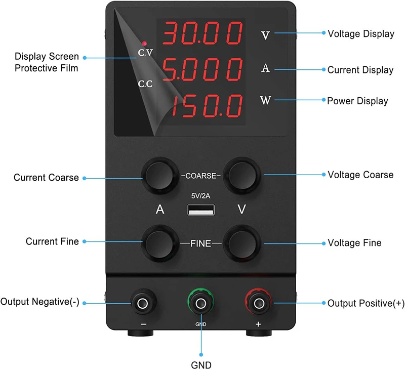 DC Power Supply Variable 30V 10A Adjustable Switching Regulated DC Bench Linear Power Supply  LED Display 5V/2A USB Output