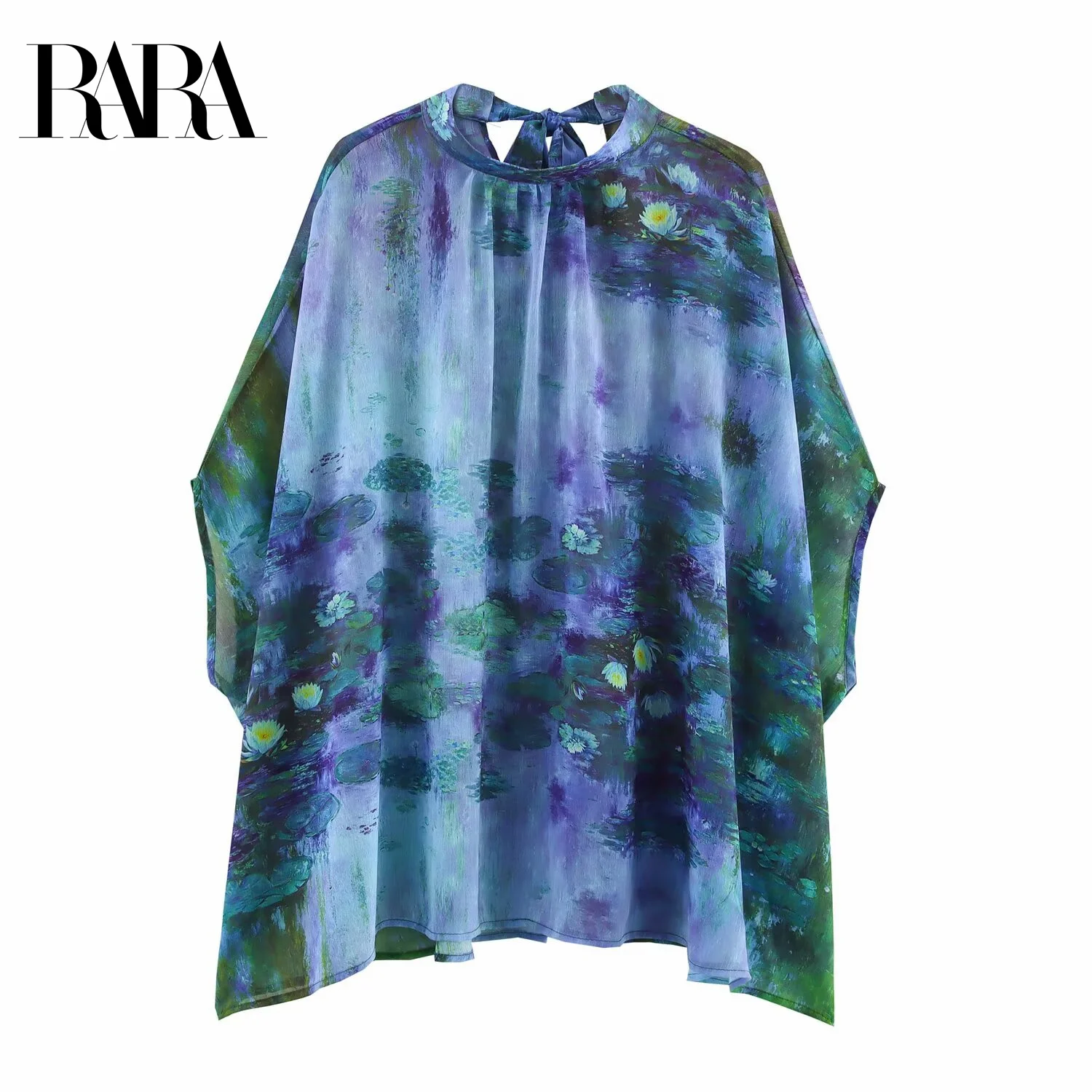 

RARA2025 New Summer Women's Casual Fashion Simple Design Lace-up Bat Sleeves Printed Round Neck Shirt Top