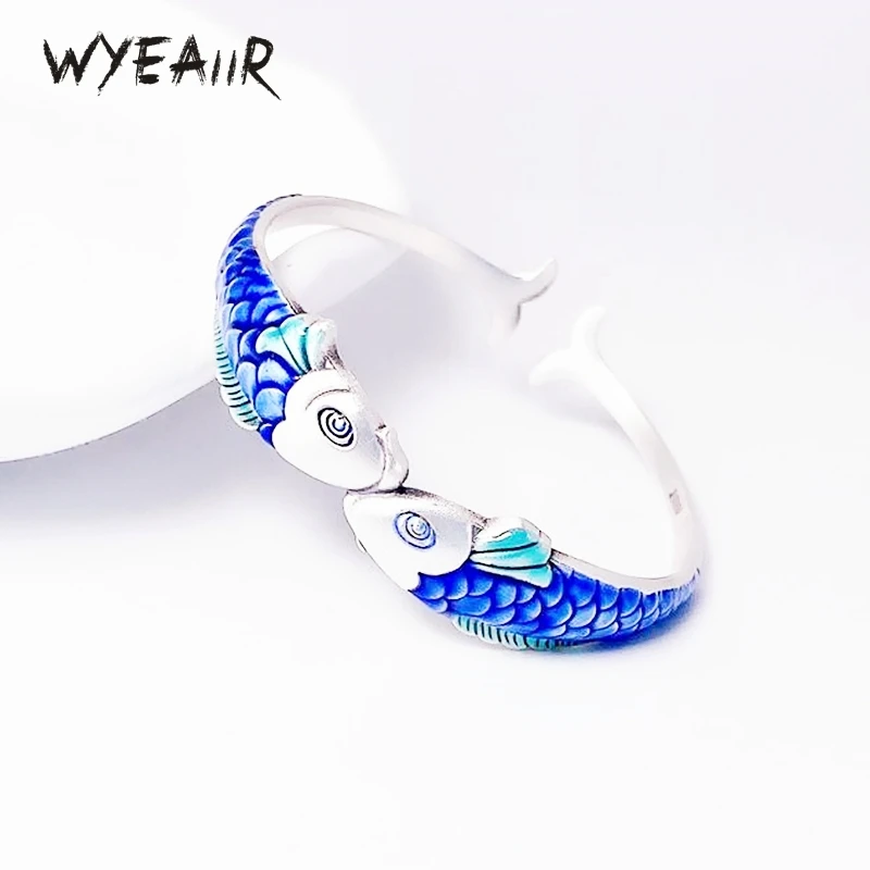 

WYEAIIR 925 Sterling Silver National Style Blue Glazed Lucky Carp Art Fine Jewelry Resizable Opening Female Bangle