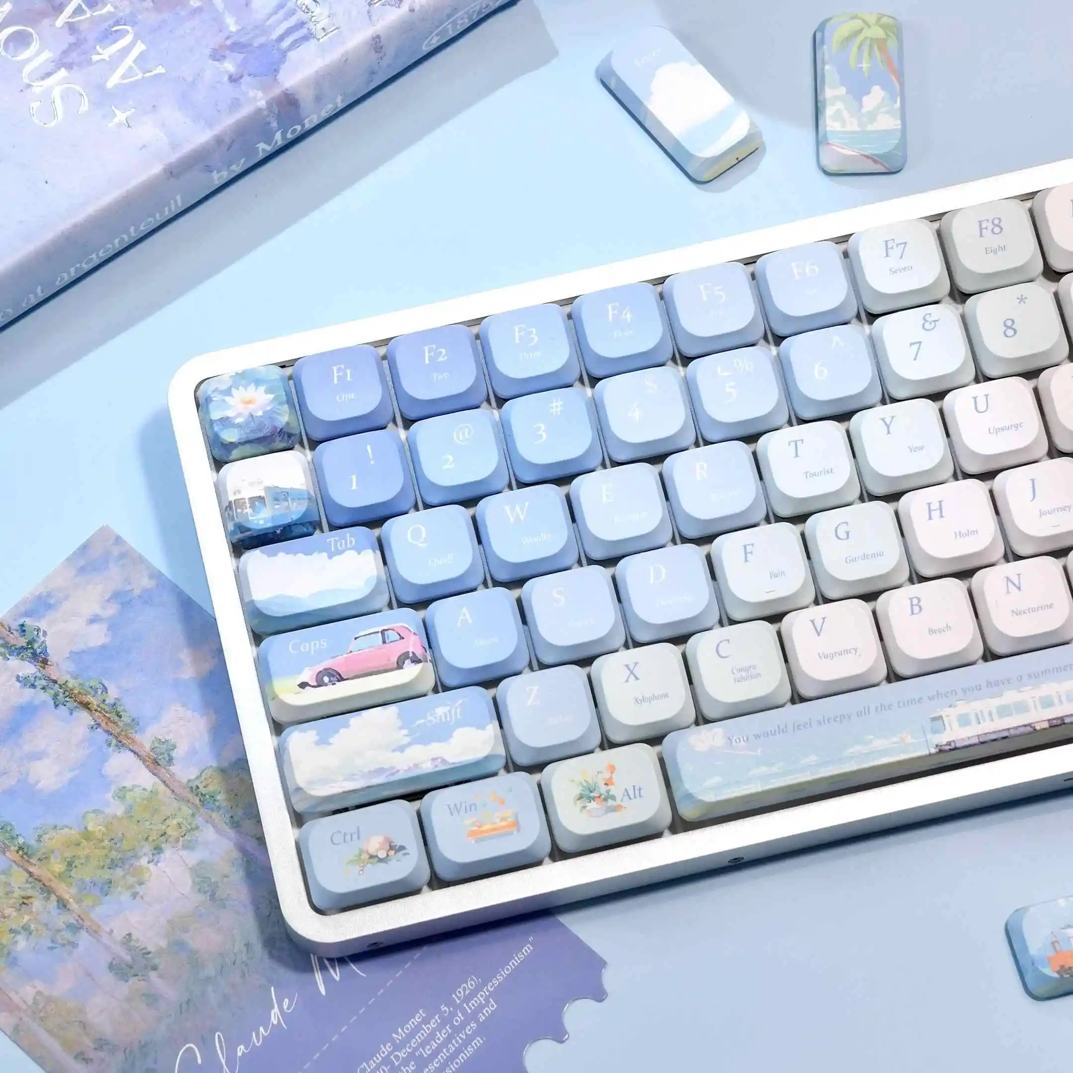 

Прохладные летние колпачки для клавиш из ПБТ с пятью сторонами и сублимацией, 120-клавишные низкопрофильные тонкие колпачки для переключателей MX, механическая игровая клавиатура