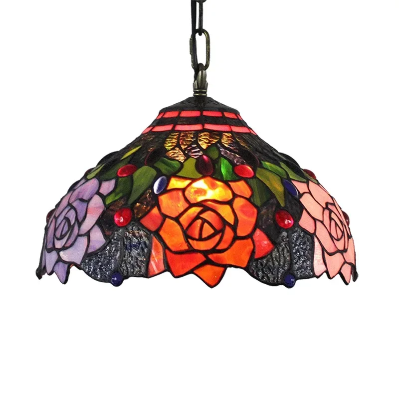 Glazed lamp stained glass retro bar restaurant art chandelier 0CM black background rose flower