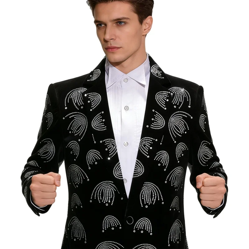 

Men's Slim Fit Rhinestones Blazer One Button Tuxedo Suit Jacket for Banquet Prom Wedding Bar Concert Singer Stage Costume