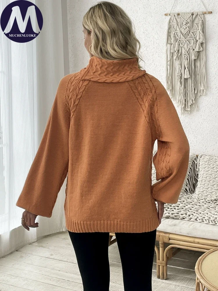 Sweater for Woman Autumn Winter Floral Half High Collar Princess Sleeves Knitted Sweater Fashion Casual Loose Sweaters Pullovers