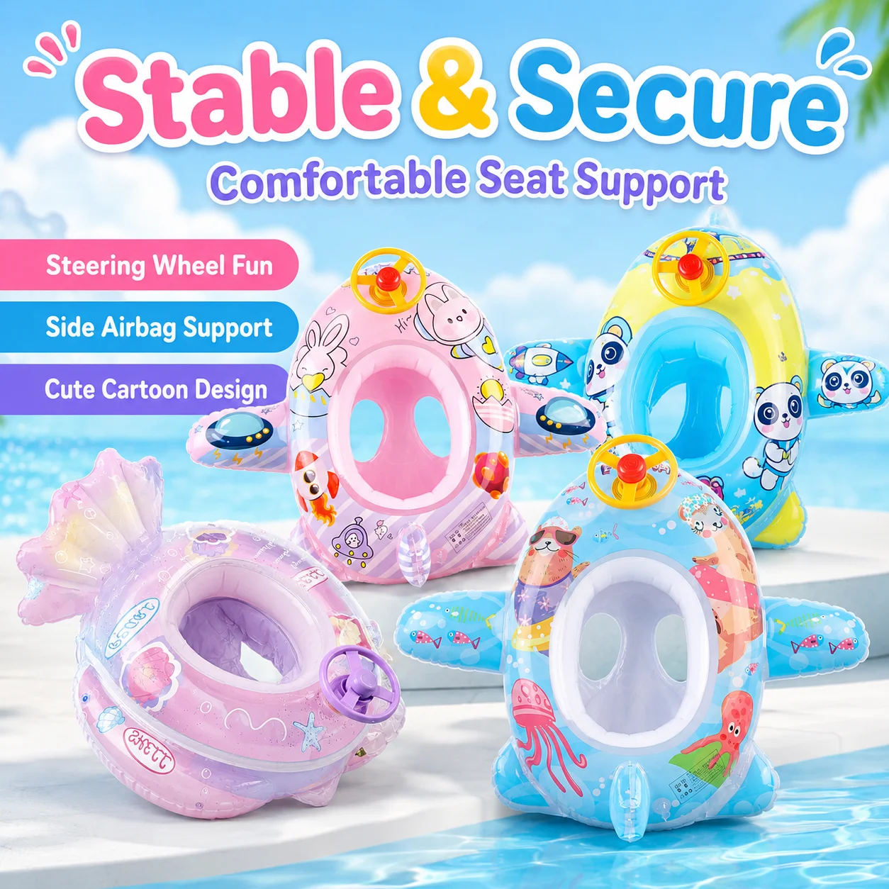 

1PC Cartoon Inflatable Swim Seat, Pool Float Steering Wheel, Swimming Ring Water Seat Summer Beach Pool Accessories