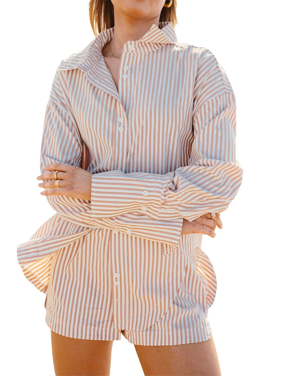 JBEELATE Women Summer 2 Piece Casual Outfits Striped Solid Color Long Sleeve Button Down Shirt Elastic Waist Shorts Set Blue