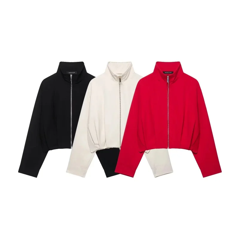 Women's Stand Collar Long Sleeve Bomber Jacket Casual Autumn Winter Zippered Short Outerwear Elegant Modern Daily Coat