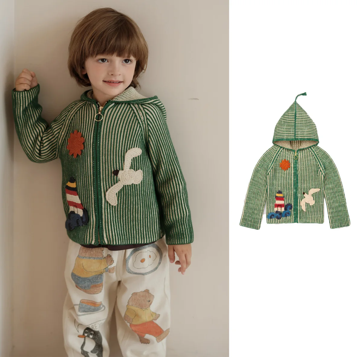 cartoon-children's-jacket-versatile-boys'-and-girls'-hooded-knit-cardigan