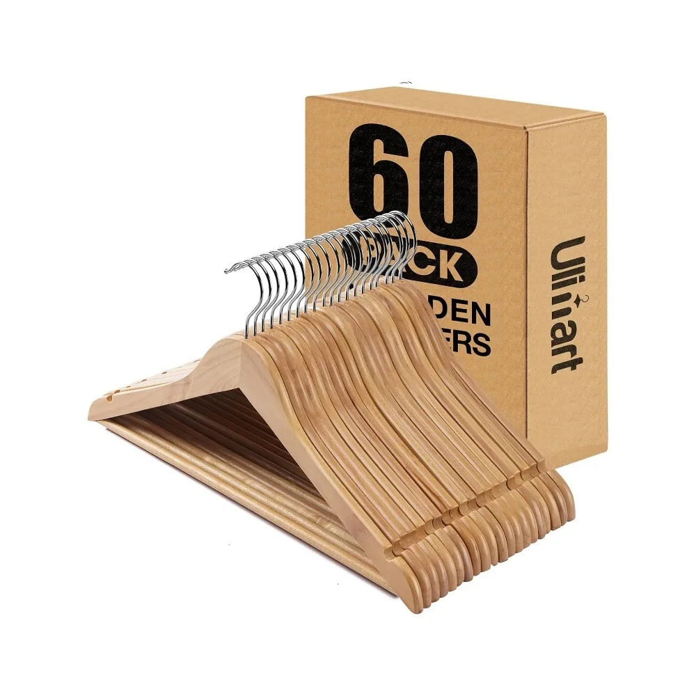 

Wooden Hangers 60 Pack,Wood Hanger,Solid Shirt Hangers with Pants Bar,Heavy Duty & Slim Coat Hanger