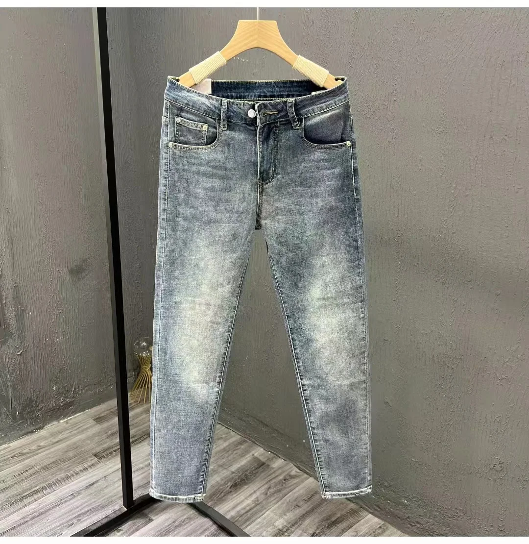 

Spring Autumn Men's Slim Fit Elastic Jeans Korean Style Nine-Piece Casual Washed Long Pants Youth Trendy Cotton Stretch Denim