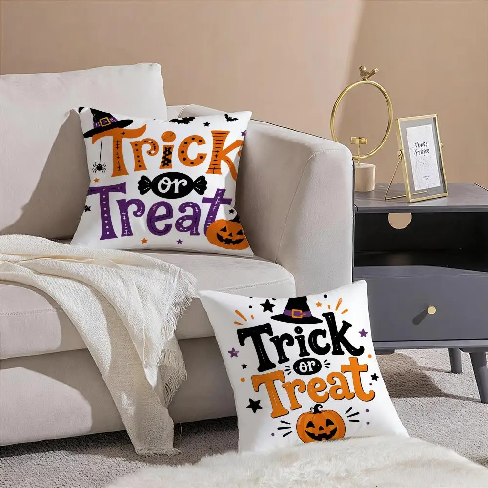Halloween Trick or Treat Lettering Cushion Cover Pillowcase Short Plush Invisible zipper Room Sofa Cushion Cover