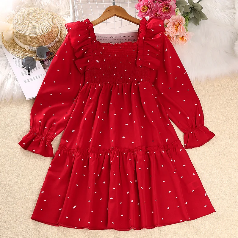 

Летнее платье для девочек 8-12 лет, милая милая юбка длиной до колена с квадратным воротником и длинными рукавами, нерегулярный принт