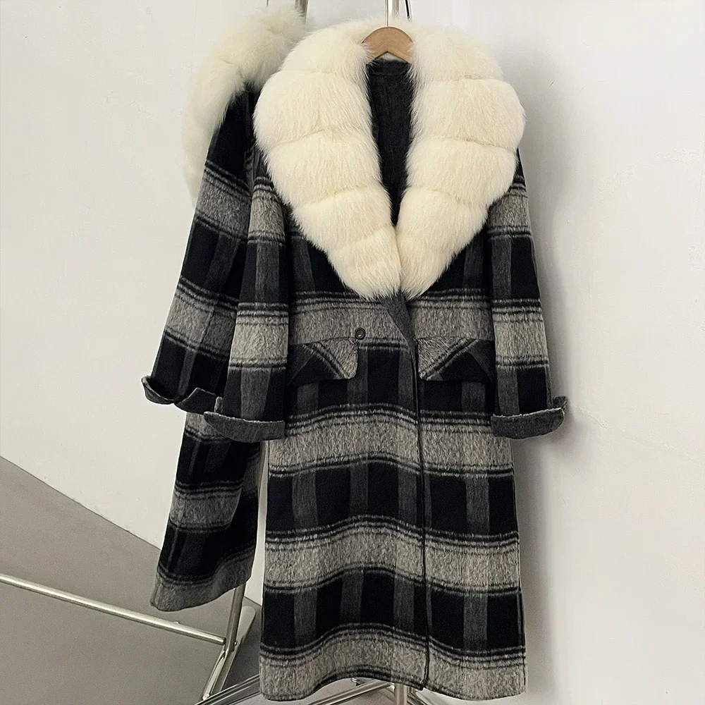 OFTBUY New Warm Winter Outerwear for Female Mid Long 100% Wool Coat Women Real Fox Fur Lapel Collar Vintage Plaid Woolen Jacket