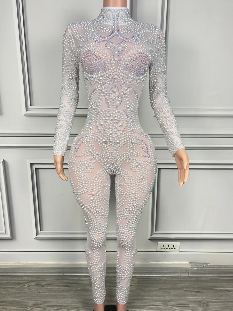 Luxury White Pearls Long Sleeves Women Bodysuit Transparent Mesh Outfit Christmas Party Dance Show Stage Performance Costume