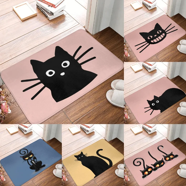 Niedlicher Cartoon-Katzen-Teppich, Schlafzimmer, rutschfester Teppich, Heimdekoration, rosa, blau, gelb, Bodenmatte, schwarzer Katzendruck, rutschfeste Fußmatte