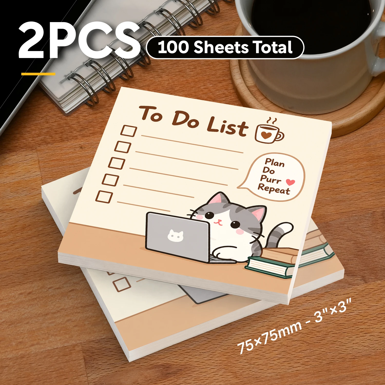 2PCS Cute Cat To Do List Sticky Notes 100 Sheets Checklist Daily Planner Memo Pads Reminder Office School Stationery