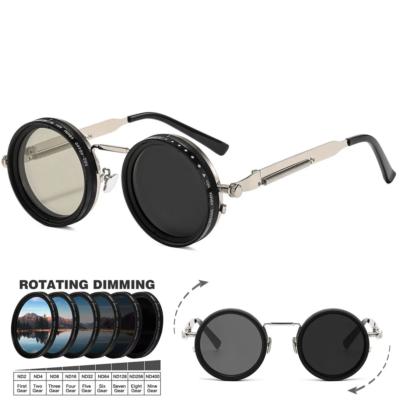 

Vintage Round Steampunk Polarized Sunglasses For Men Women Outdoor Sport Shades ND9-level Adjustable Dimming Sun Glasses UV400