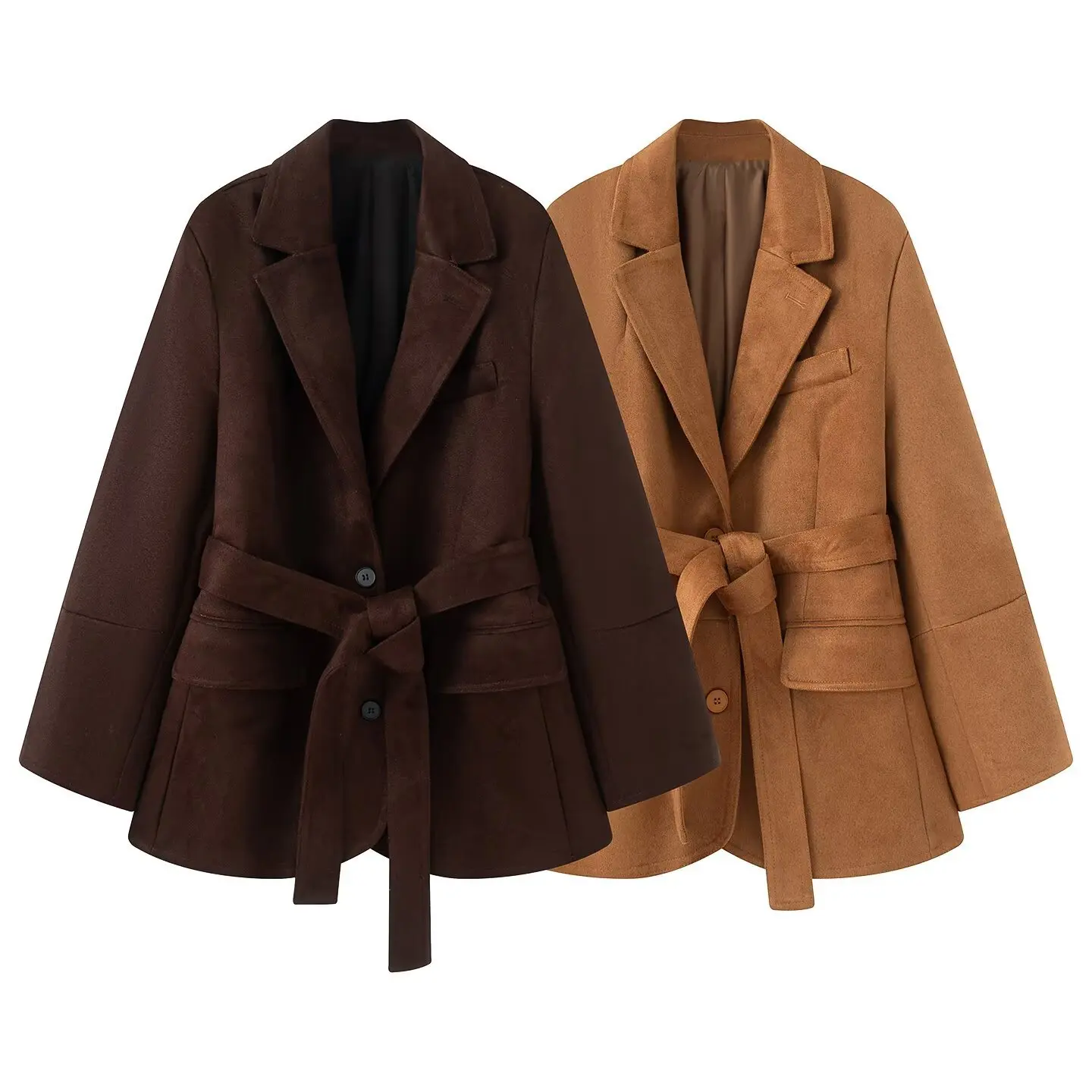 

Commuting Autumn Women's Suede Coat Vintage Lapel Collar Shoulder Pads Lady's Outwear Lace Up Cinched Waist Jackets For Female