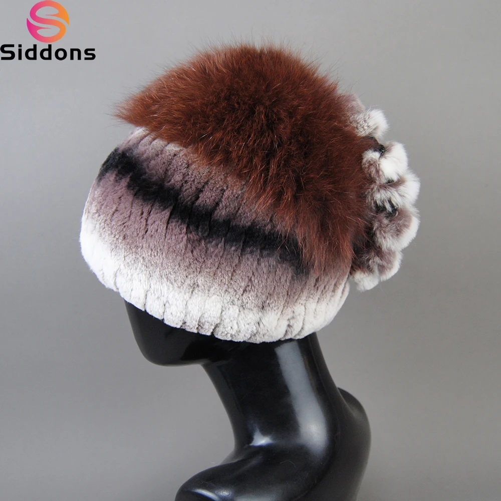 

New Arrival Ladies Genuine Fur Hats Winter Women Knitted Real Rex Rabbit Fur Hat Good Elastic Natural Fluffy Silver Fox Fur Caps