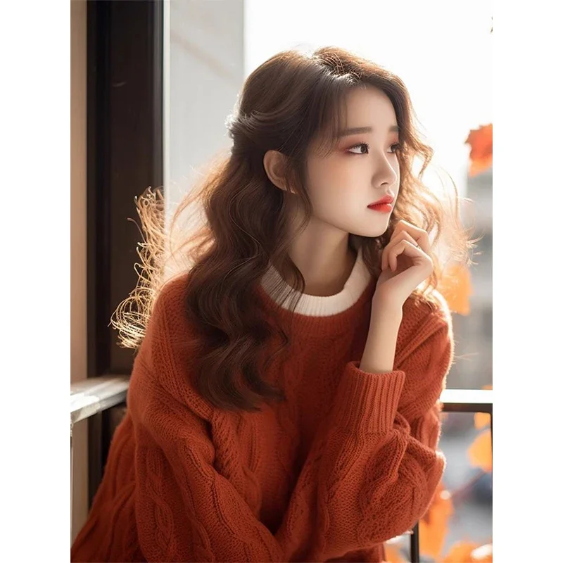 

Милый однотонный свитер с круглым вырезом, женский осенне-зимний простой свободный трикотаж, модные офисные женские универсальные трендовые вязаные топы