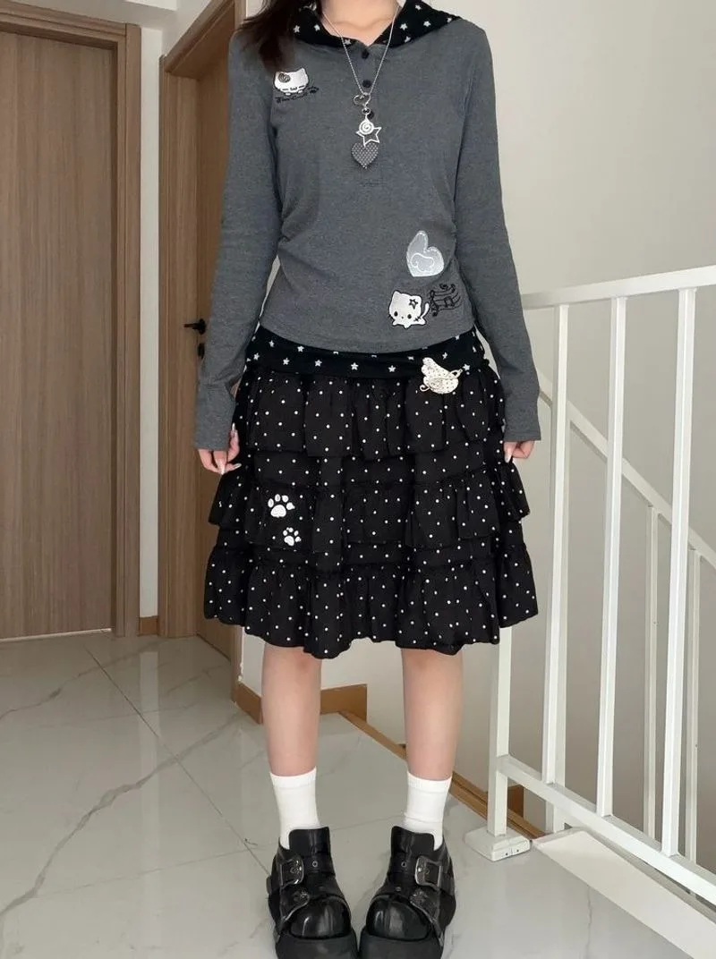 Women's Y2K Cat Embroidery Hooded Long Sleeve T-Shirt Slim Fit Cotton Top with Heart & Music Note Star Pattern for Spring Autumn