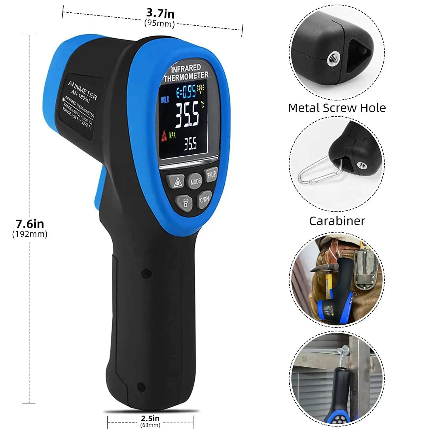 HP-1800C Digital Infrared Thermometer, D:S 50:1 Touchless Pyrometer Temperature Range -58~3,272°F, Handheld Laser IR Temp Gun