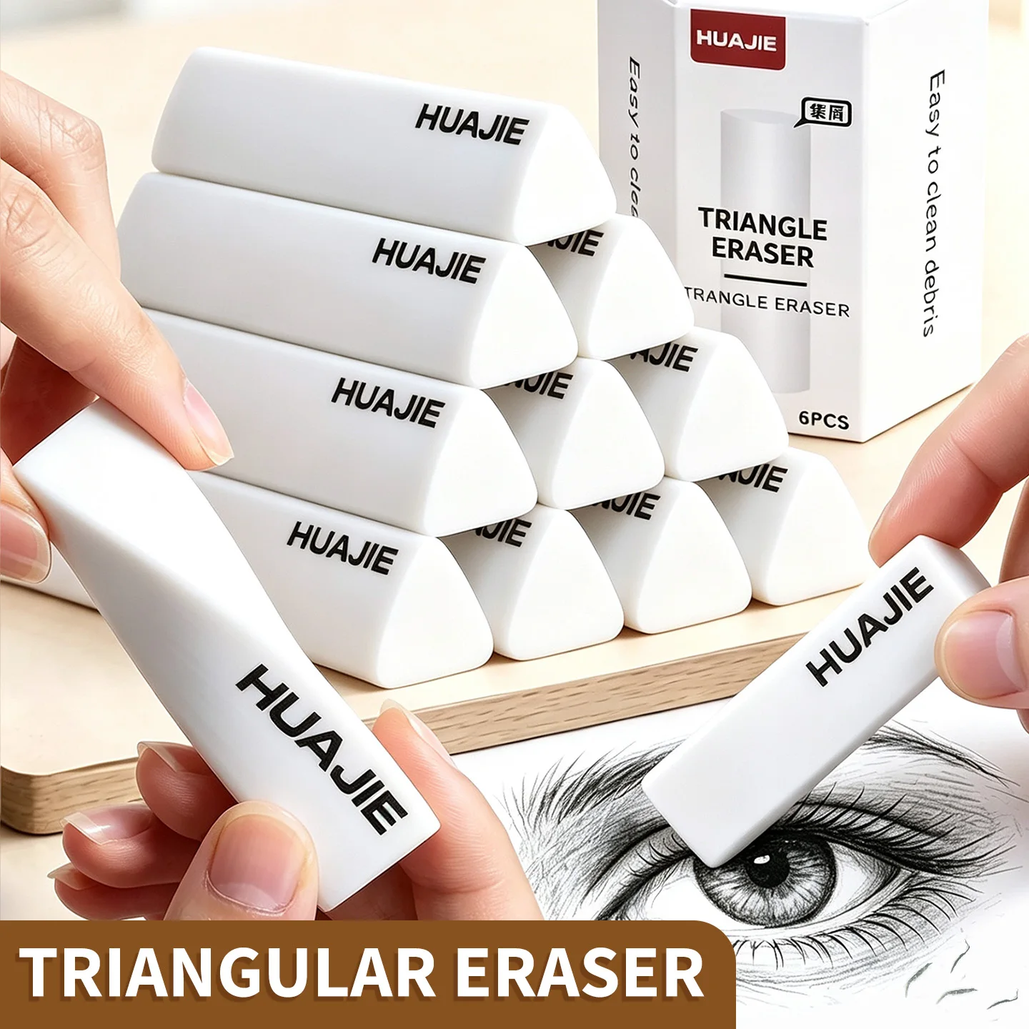 HUAJIE Triangle Eraser 6Pcs/Box Easy To Clean Debris White Pencil Eraser Student Sketch Writing Correction Stationery