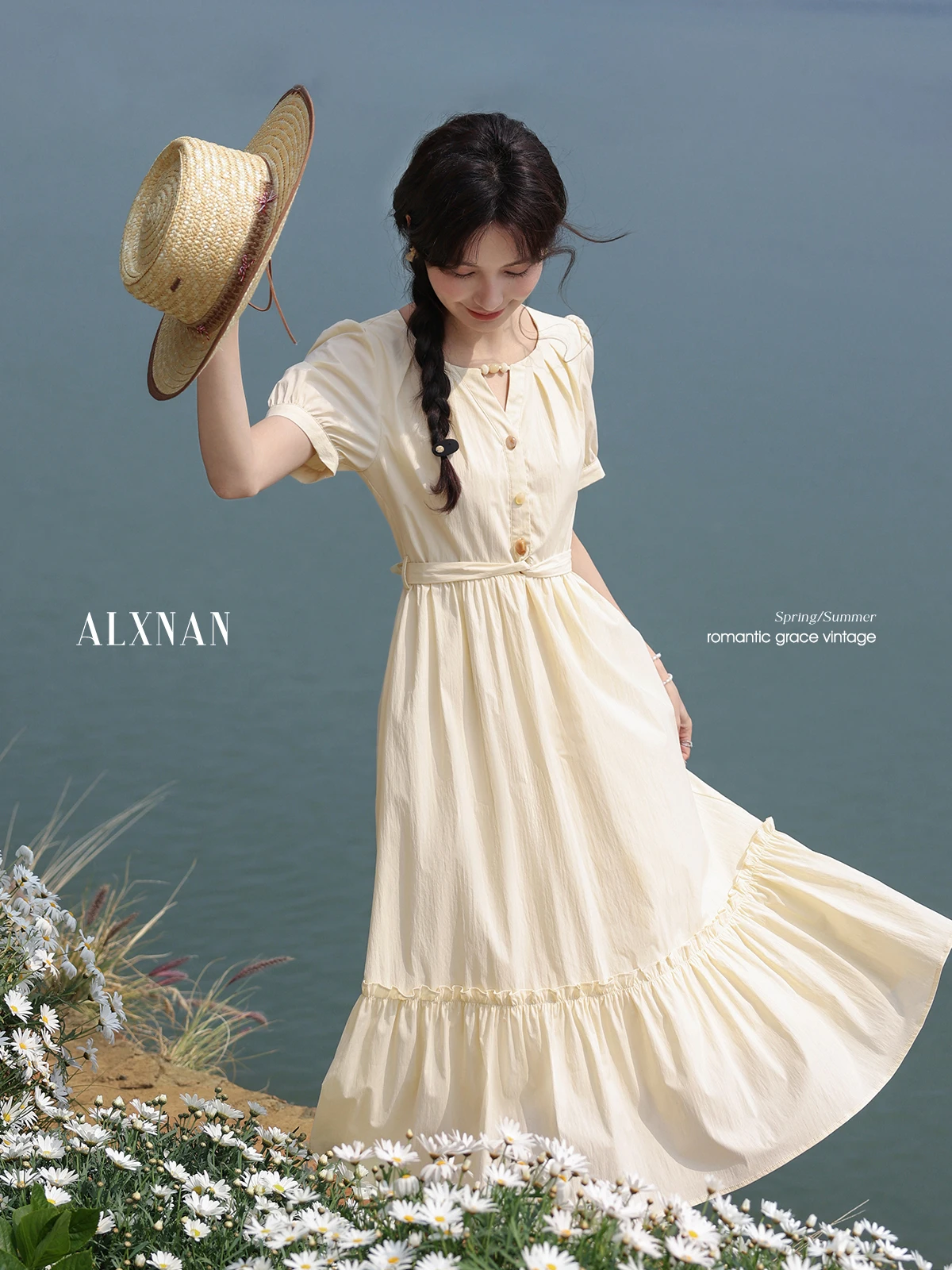 

ALXNAN Women's Long Dress Light Yellow A-line Elegant Midi Dress 2025 Summer Office Lady Holiday Casual Ladies Clothing L55115