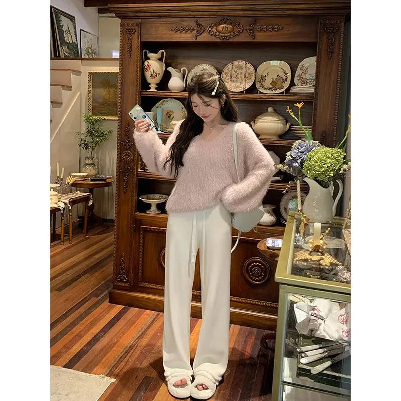 White Tassel Knitted Wide-leg Pants for Women in Winter, Loose, Slim, High-waisted, Casual Straight-leg Floor-length Pants