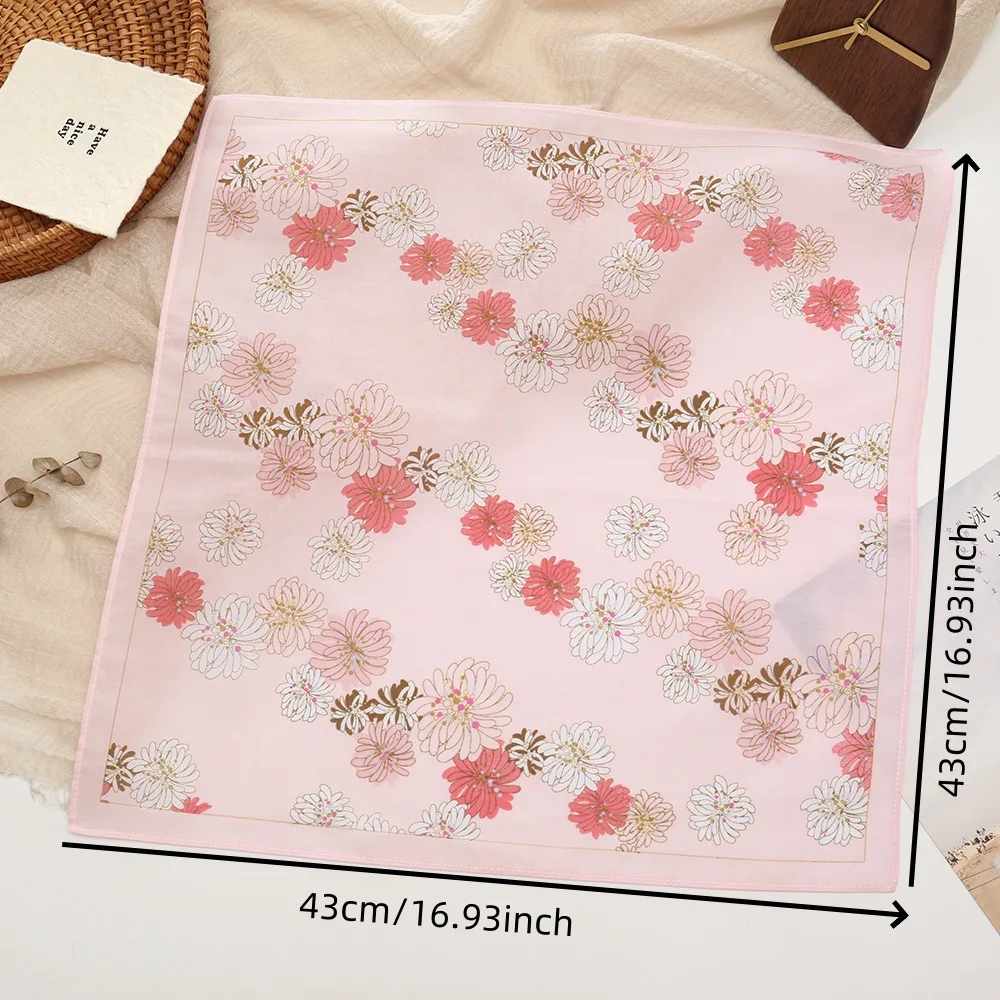 43cm Japanese Style Floral Cotton Handkerchief, Thin Breathable Gradient Print Ladies Square Hanky