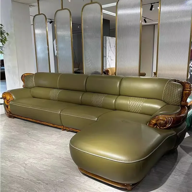 Ebony leather sofa luxury first layer cowhide solid wood furniture size modern princess
