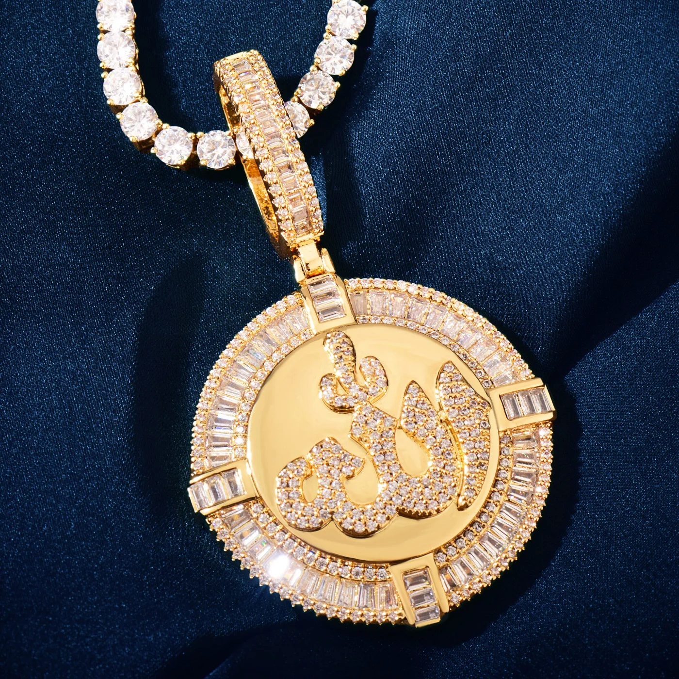 CUC Iced Out Gold Color Round Muslims Allah Necklace Pave Zircon Baguette CZ Hip Hop Pendant Women Men Jewelry