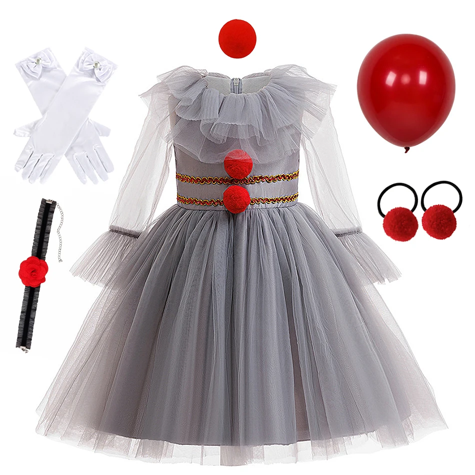 Kids Clown Cosplay Princess Dress Scary Movie Pennywise Role Play Frocks Girls Halloween Carnival Masquerade Party Mesh Costumes