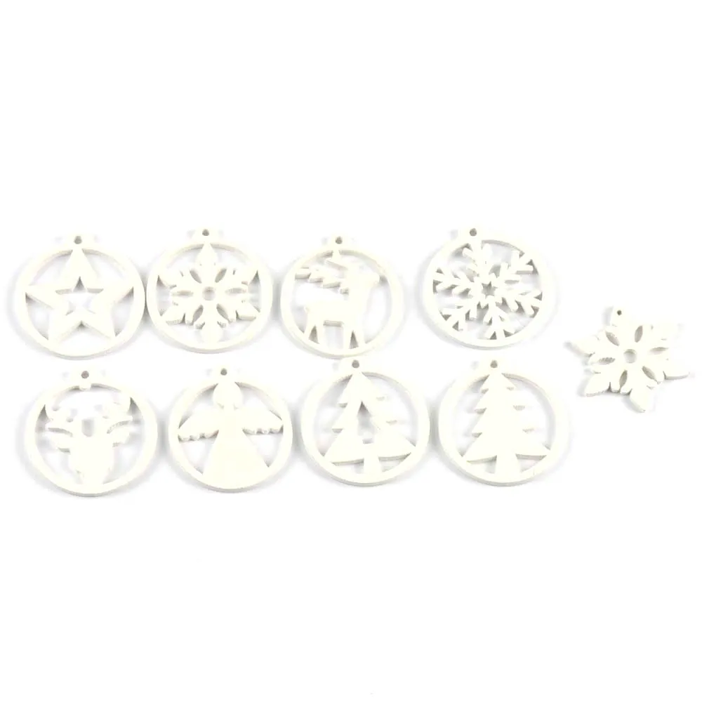 30Pcs Christmas Round White Snowflake Tree Angel Wooden Pendant Hanging Oranments DIY Handmade Supplies Xmas Home Party Decor