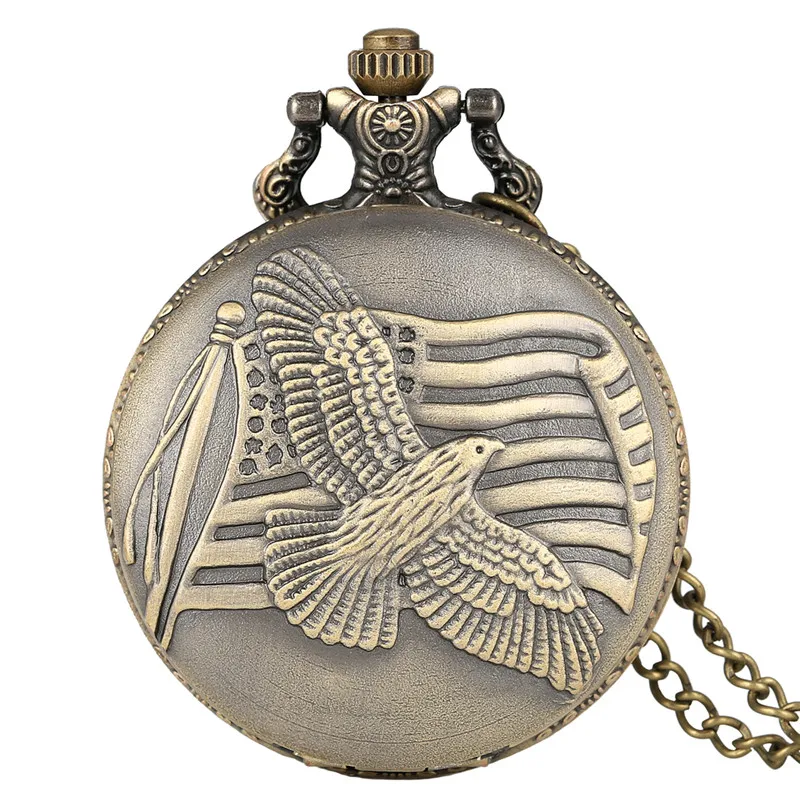 Antique Peace Dove Flag Pattern Retro Quartz Pocket Watch with Sweater Necklace Chain Men Women Collectable Timepiece Clock Gift