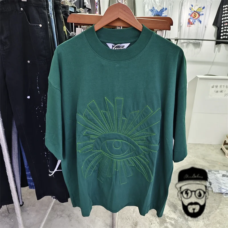 

Free shipping green pure cotton House of errors T-shirt with embroidered eyes and oversized loose fitting men's street clothing